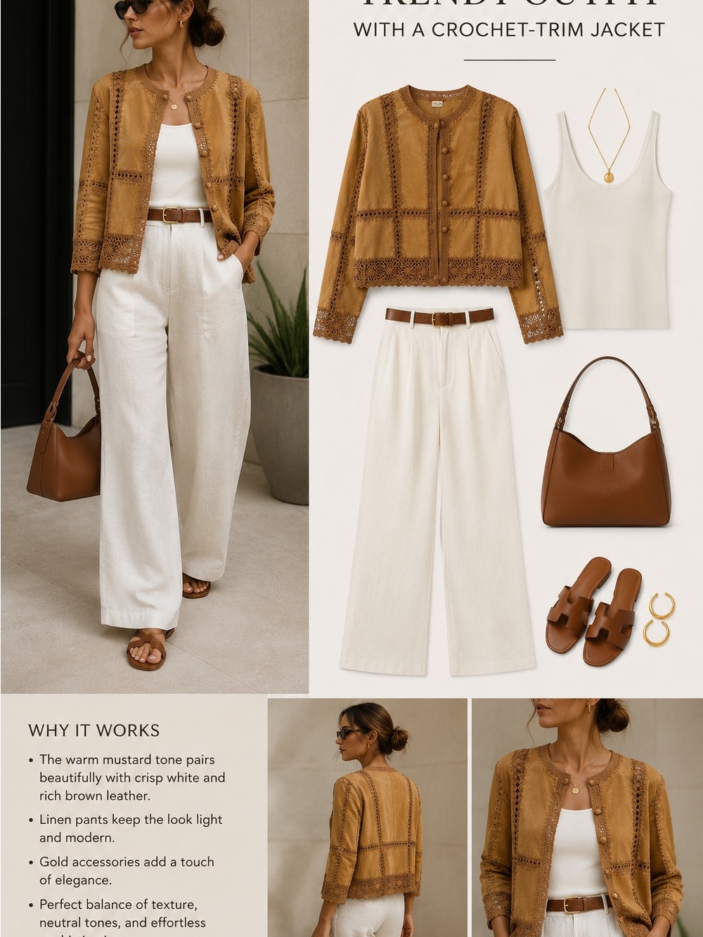 Mustard Tan Crochet-Trim Real Leather Jacket